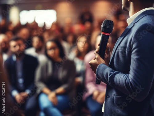 Confident Question: Seminar Attendee with Microphone,Engaged Seminar Participant