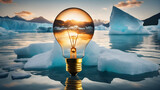 Creative light bulb with iceberg and water, concept. Melting glaciers and technology. Save energy