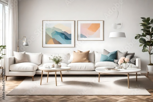 A serene living room with a neutral color palette, a simple white sectional sofa, and a blank white empty frame mockup on the wall. The room is decorated with colorful wall art. © Tae-Wan