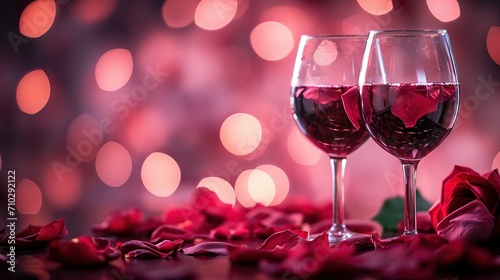 Romantic concept. Two glasses of vine with pink rose petals with bokeh background. Valentine's day banner. Celebration with wine and red rose photo