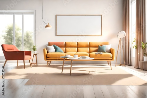 A modern living room bathed in natural light  showcasing simple yet stylish furniture  a blank white empty frame mockup on the wall  and a harmonious blend of bright colors.