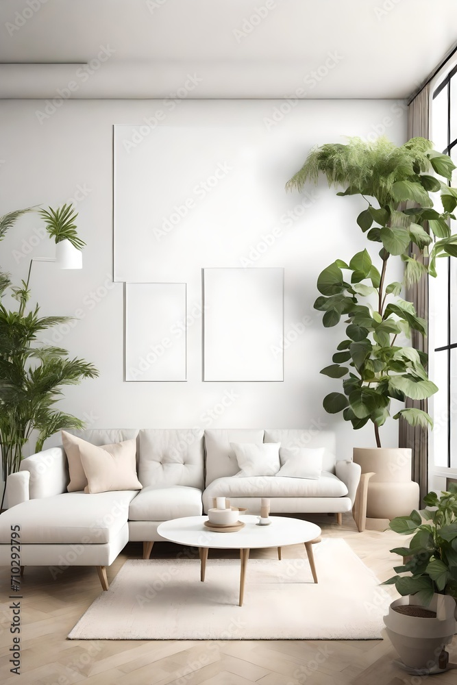 A serene living room with a neutral color palette, a simple white sectional sofa, and a blank white empty frame mockup on the wall. The room is decorated with colorful indoor plants. A serene living room with a neutral color palette, a simple white sectional sofa, and a blank white empty frame mockup on the wall. The room is decorated with colorful indoor plants.