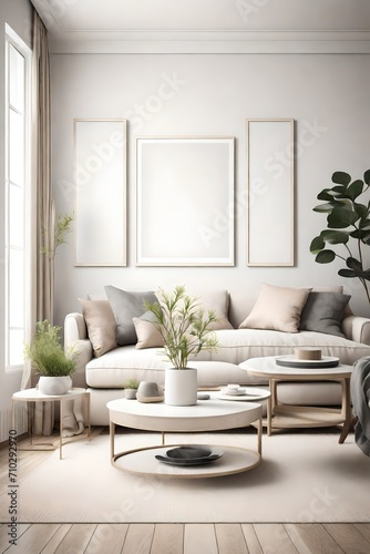 A serene living room with clean lines  simple decor  and a pristine empty frame mockup against a backdrop of soft  neutral colors.