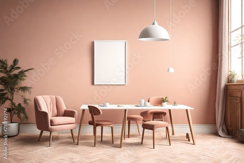 A strikingly simple room mockup with an empty white frame on a serene blush wall, accompanied by a singular terracotta chair, all enhanced by the gentle radiance of a pendant light.