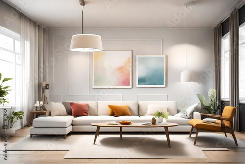 A minimalist living room with sophistication a   a sofa  a blank white frame  and lively colors  all elegantly lit by a contemporary pendant light.