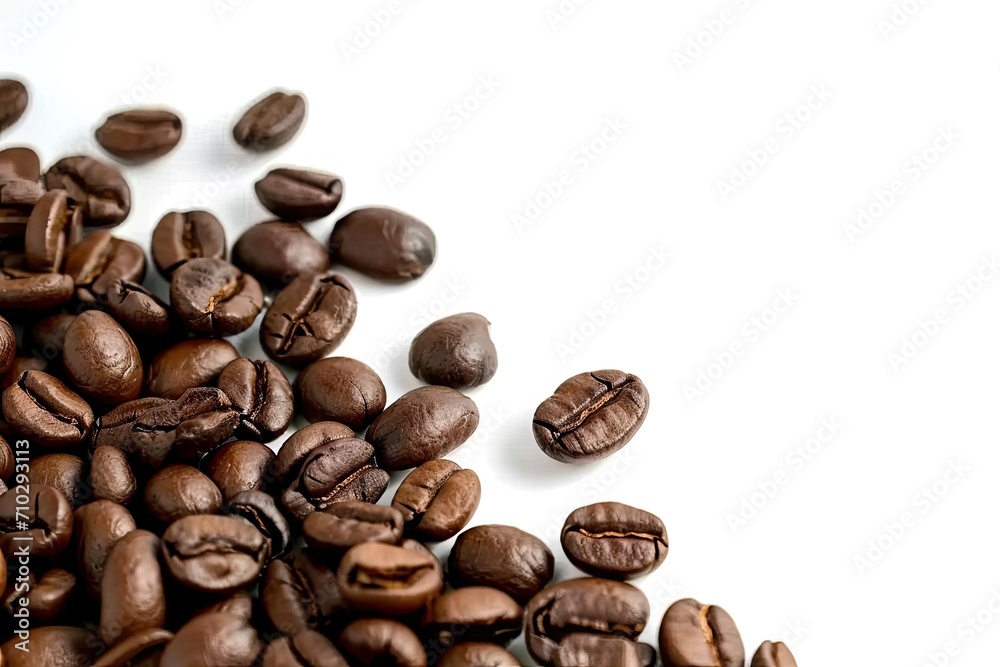 Obraz premium Rich roasted coffee beans on white background isolated. Close up view of brown caffeine goodness perfectly capture aroma and flavor in studio setting ideal for enthusiasts and food photography
