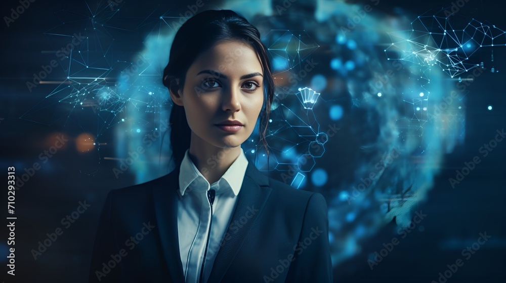 A woman in a suit using a blue digital interface , woman, suit, blue digital interface A woman in a suit using a blue digital interface , woman, suit, blue digital interface