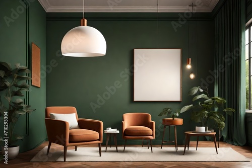 A captivating room design with a blank white canvas on a muted terracotta wall  paired with a singular forest green chair  bathed in the soft radiance of a pendant light.