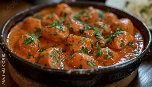Butter Chicken with herbs in a rustic clay bowl on a wooden table, AI generated