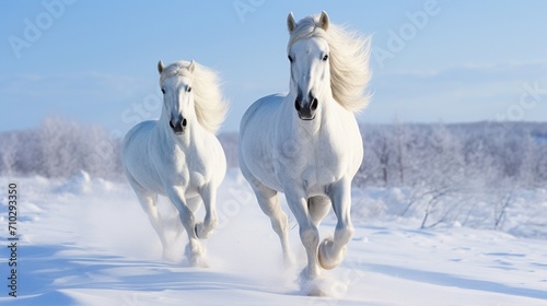 Two white stallions gallop on snow field