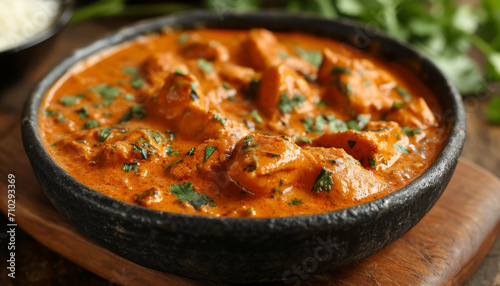 Traditional Indian butter chicken curry garnished with cilantro served in an earthenware bowl, AI generated