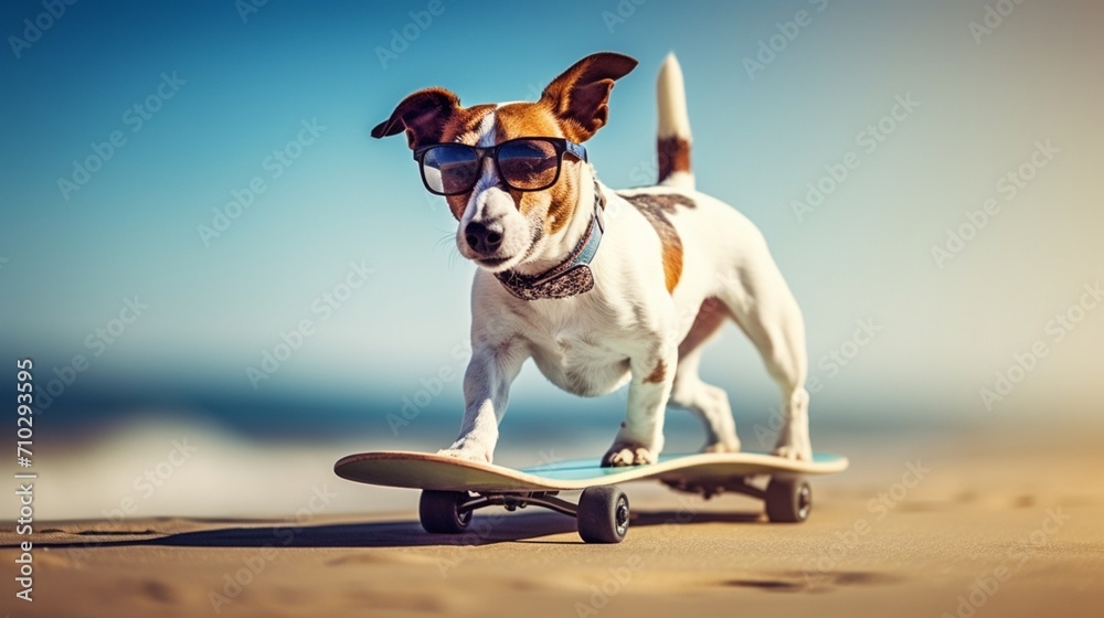jack russell terrier dog riding a skateboard as a skater with sunglasses in summer vacation close to the beach