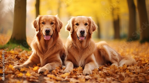 Golden retriever dogs outdoors in autumn