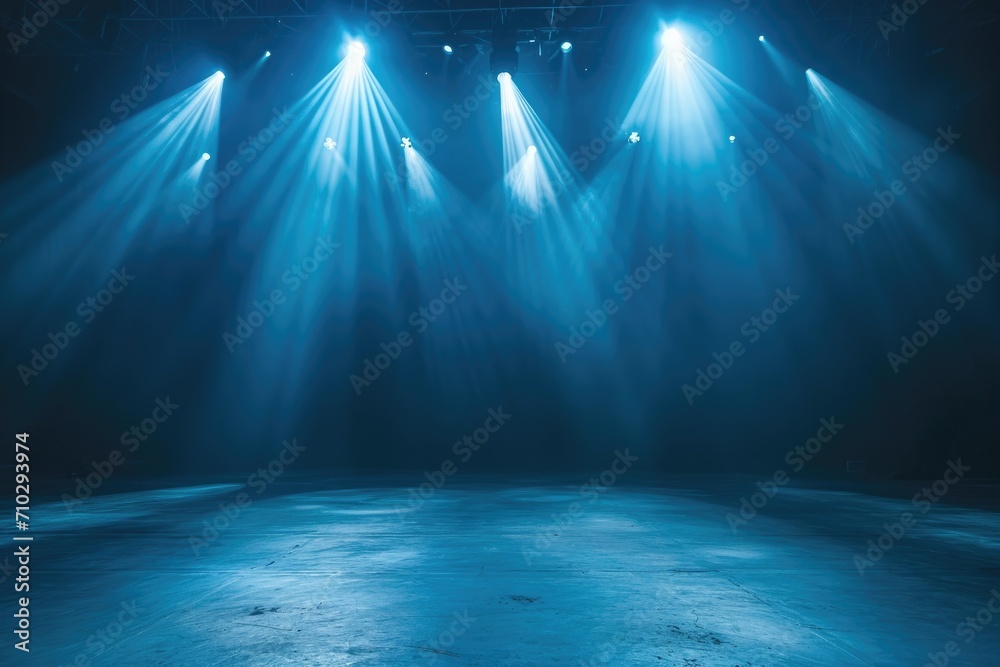 Empty concert stage with illuminated spotlights and smoke - obrazy, fototapety, plakaty 