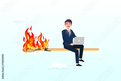 Desperate businessman working with laptop on burning matchstick, burnout from overworked or pressure to finish within deadline, frustration or exhausted worker, despair employee or trouble (Vector)