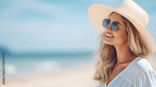 A woman in a sun hat and sunglasses enjoying a summer day , woman, sun hat, sunglasses, enjoying, summer