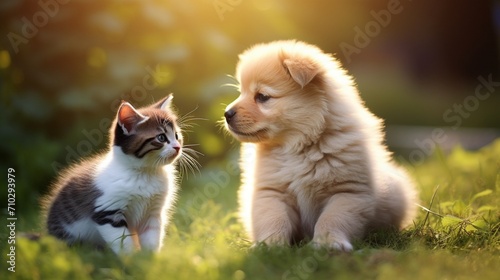 cute puppy and kitten on the grass outdoor