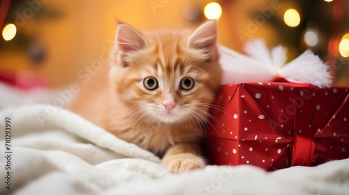 Cute little ginger kitten laying in soft white faux fur blanket holding red paper gift box Christmas