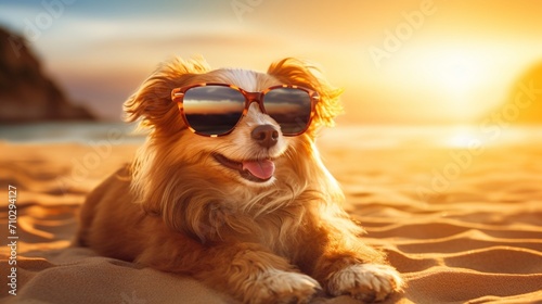 Cute Dog With Sunglasses Relaxing on Coastline © Rosie