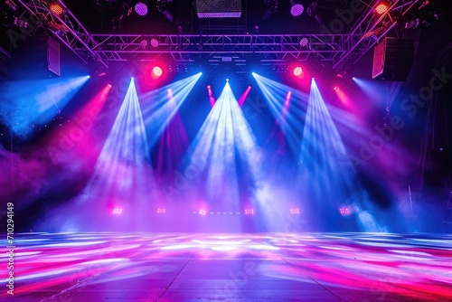 Empty concert stage with illuminated spotlights and smoke