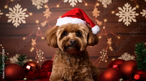 Cavoodle sitting in front of a Christmas theme backdrop looking at camera wearing reindeer antlers