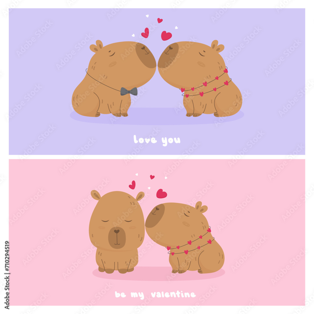 Naklejka premium Valentines day card with capybara couples in love