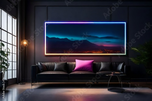 A modern living room with a sleek black leather sofa, a blank white empty frame mockup on the wall, and pops of color from vibrant artwork. The room is illuminated by a futuristic floor lamp.