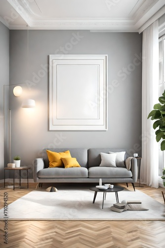 A modern living room with a sleek gray sofa  a blank white empty frame mockup on the wall  and pops of color from vibrant artwork. The room is illuminated by a statement floor lamp.