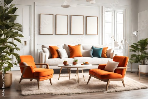 A cozy living room with a comfortable armchair  a blank white empty frame mockup on the wall  and pops of color from vibrant orange throw pillows. The room features a soft  plush rug.