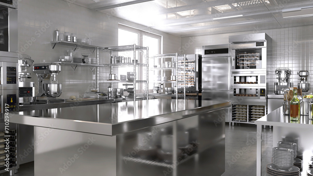 Empty clean stainless steel island table in commercial, professional bakery kitchen with convection, deck oven, freezer, refrigerator, shelf, cabinet, equipment in background 3D Empty clean stainless steel island table in commercial, professional bakery kitchen with convection, deck oven, freezer, refrigerator, shelf, cabinet, equipment in background 3D
