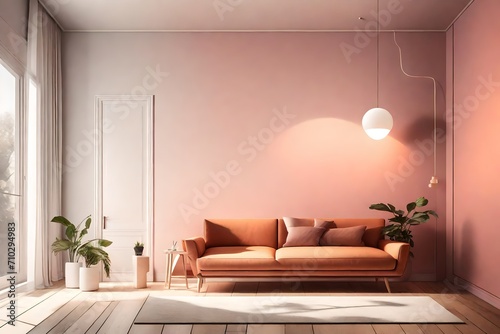 A minimalist masterpiece  featuring a single sofa  a white frame mockup on a solid color wall  and a touch of vibrant color  all bathed in the gentle glow of a sleek pendant light.