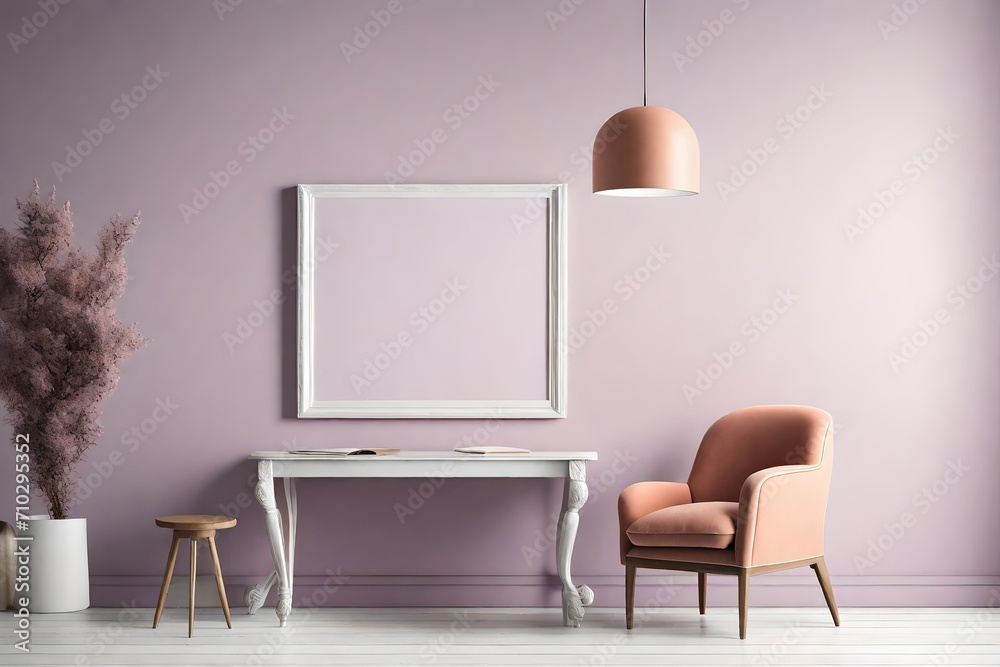 An elegant interior mockup featuring a blank white frame against a pale lavender wall, complemented by a subtle peach chair, and lit by the subtle warmth of a pendant light. An elegant interior mockup featuring a blank white frame against a pale lavender wall, complemented by a subtle peach chair, and lit by the subtle warmth of a pendant light.