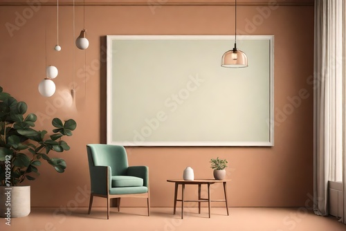 A tranquil room mockup with a blank white frame against a muted terracotta wall  complemented by a subtle jade chair  and softly illuminated by a pendant light.