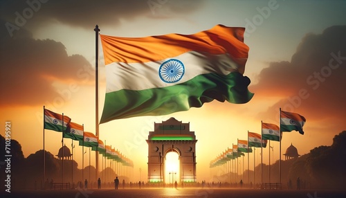 Wavy flag of india above india gate against a sunset sky.