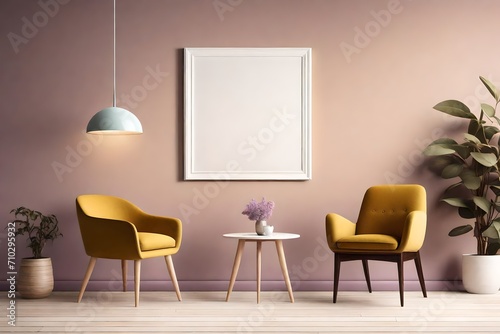 A serene room mockup showcasing a blank white frame on a muted mustard wall, adorned with a single lilac chair, and softly illuminated by a pendant light.