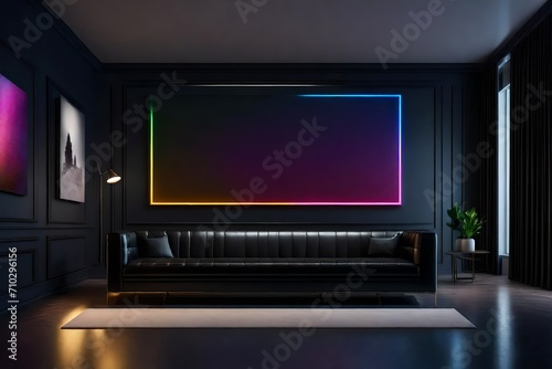 A modern living room with a sleek black leather sofa, a blank white empty frame mockup on the wall, and pops of color from vibrant artwork. The room is illuminated by a futuristic floor lamp.