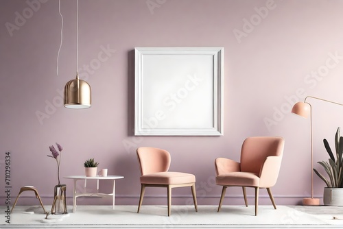 An elegant interior mockup featuring a blank white frame against a pale lavender wall, complemented by a subtle peach chair, and lit by the subtle warmth of a pendant light.