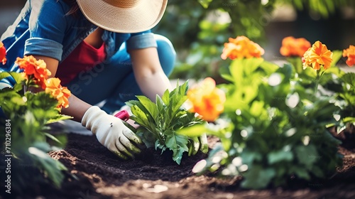 A woman in gardening gloves planting flowers in a garden , woman, gardening gloves, planting, flowers photo