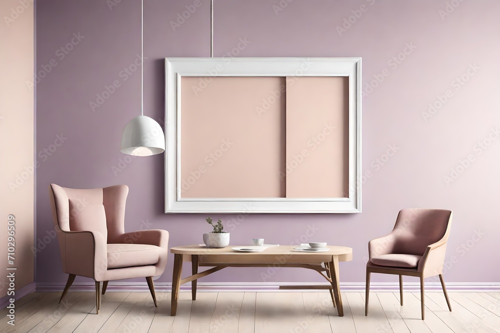 An elegant interior mockup featuring a blank white frame against a pale lavender wall, complemented by a subtle peach chair, and lit by the subtle warmth of a pendant light. An elegant interior mockup featuring a blank white frame against a pale lavender wall, complemented by a subtle peach chair, and lit by the subtle warmth of a pendant light.