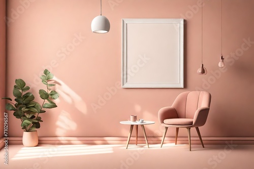 A strikingly simple room mockup with an empty white frame on a serene blush wall  accompanied by a singular terracotta chair  all enhanced by the gentle radiance of a pendant light.