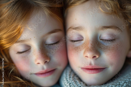 The identical faces of twins immersed in the simple joys of everyday life