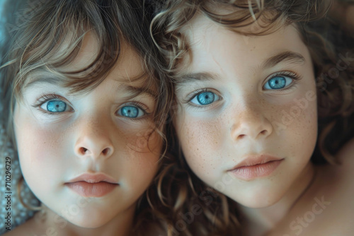 The identical faces of twins immersed in the simple joys of everyday life photo