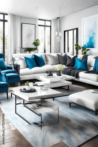 A modern living room with a sleek black coffee table  a blank white empty frame mockup on the wall  and pops of color from vibrant blue accent pillows.