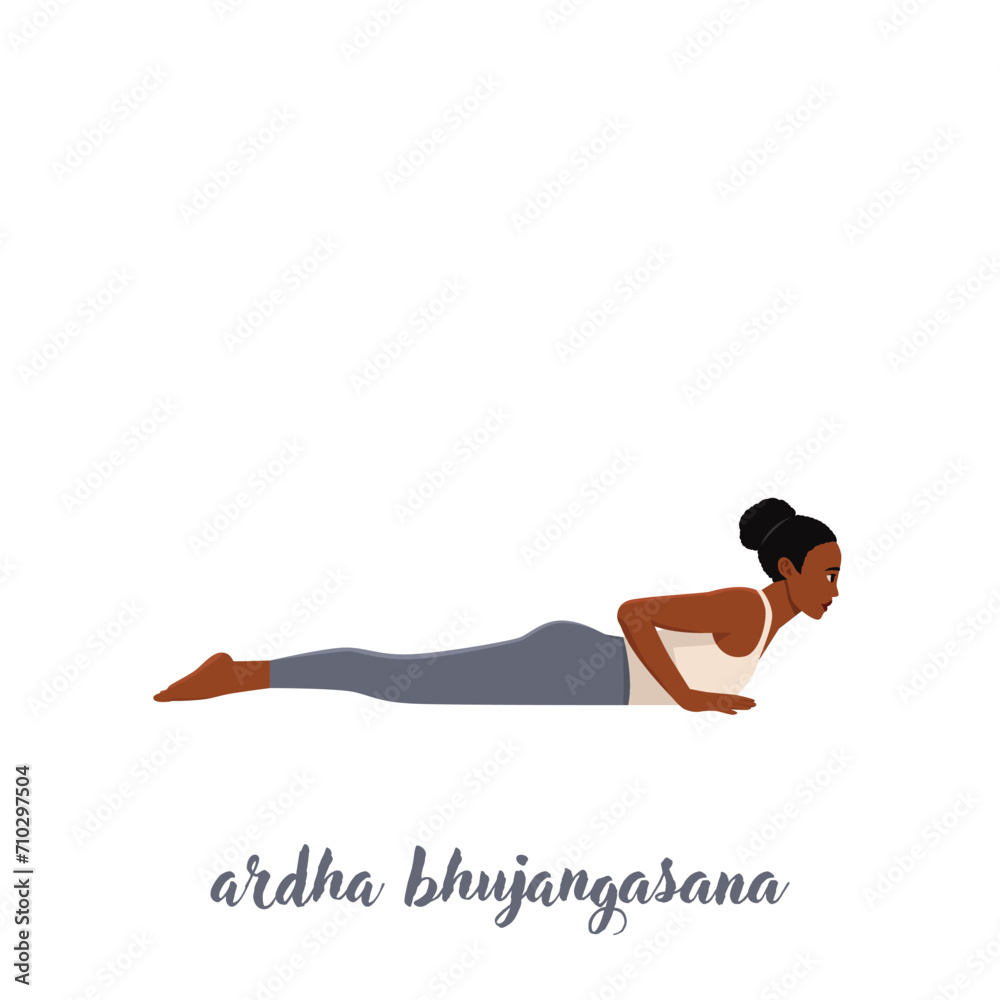 Woman doing Baby Cobra or Ardha Bhujangasana Yoga pose exercise. Flat vector illustration isolated on white background Woman doing Baby Cobra or Ardha Bhujangasana Yoga pose exercise. Flat vector illustration isolated on white background