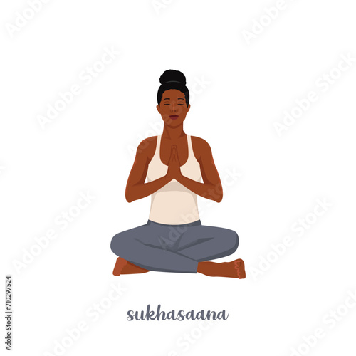 Woman doing sukhasana yoga. meditating in lotus pose, relaxation exercise, Easy Seat pose. asana. Flat vector illustration isolated on white background
