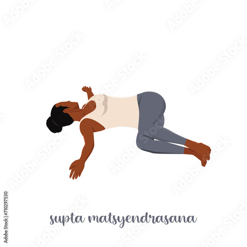 Woman doing Supta Matsyendrasana yoga pose, Reclined Spinal Twist pose. Flat vector illustration isolated on white background