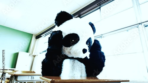 学校の教室で悩む、思春期の可愛いパンダ photo