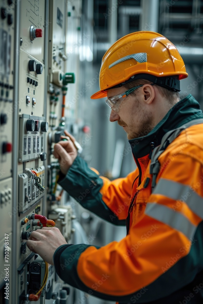 Electrical engineer operating electrical equipment on a factory Electrical engineer operating electrical equipment on a factory