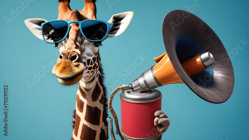 Funny giraffe is holding a loudspeaker and shouting on a blue background. Attention and africa, creative idea. Management and business, concept