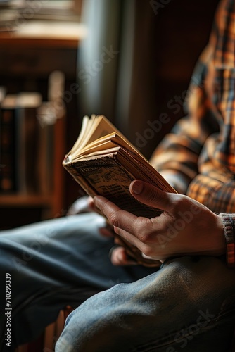 Caucasian bearded man reading. Book in his hands. Close-up. Space for text.